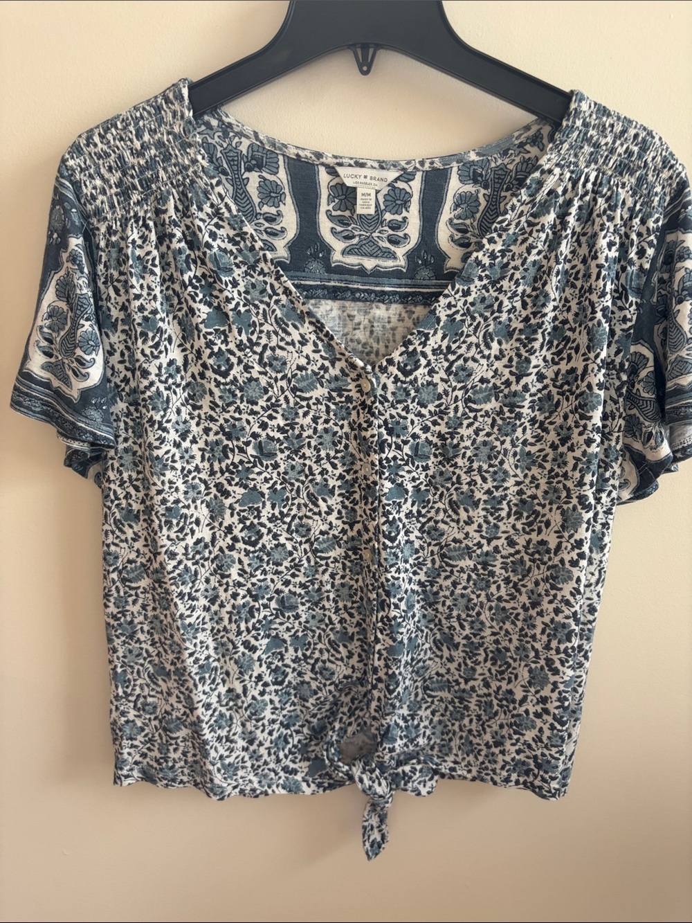 Lucky Brand Blue Floral Tie-Front V-Neck Top